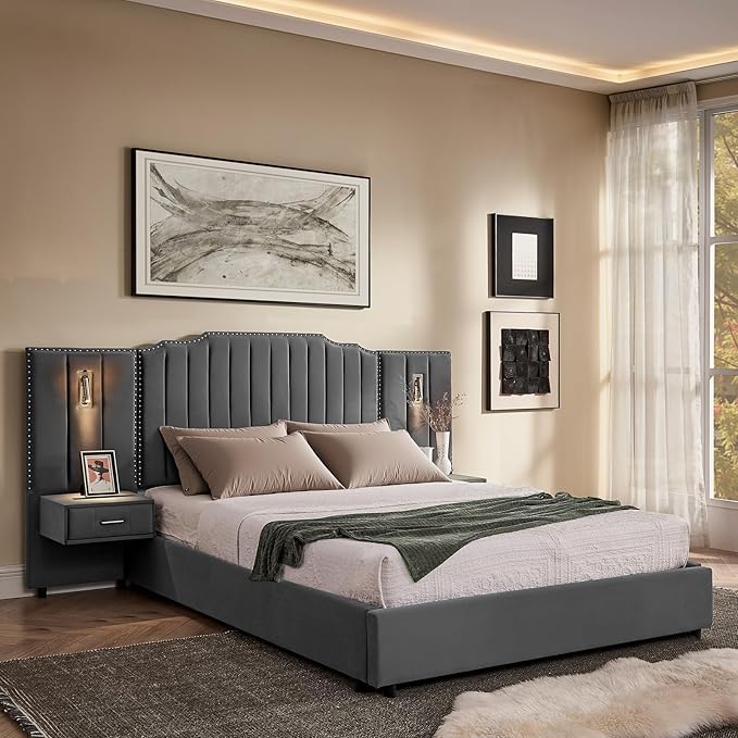 Luxury Queen Bed Frame with Headboard and Storage, Velvet Fabric Upholstered by Firscook