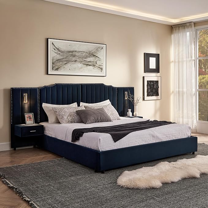 King Size Bed Frame with Storage, Luxury King Platform Bed Frame with Headboard by Firscook