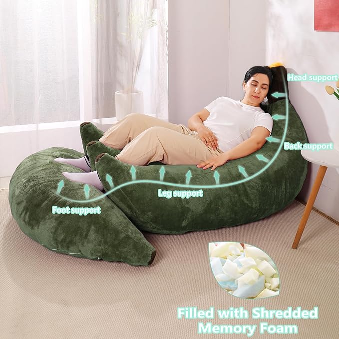 Banana Bean Bag Chair with Ottoman, Floor Sofa Bed with Footrest, Comfy - Image 3
