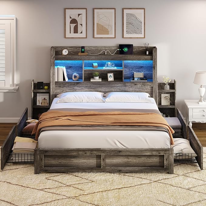 AMERLIFE Queen Bed Frame with 4 Storage Drawers, LED Bed Frame with 49“ Tall by AMERLIFE