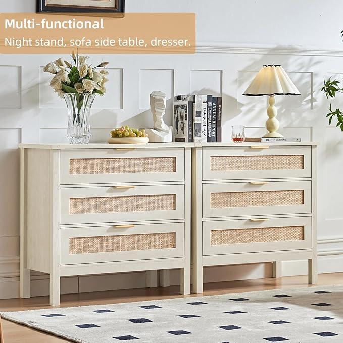LEYAOYAO 31.5" Wide Rattan Nightstand, Large Boho 3 Drawer Night Stand - Image 6