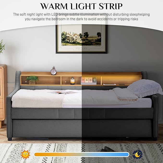 Twin Size Daybed with Pop Up Trundle Bed, Linen Upholstered Day Bed Frame with - Image 7