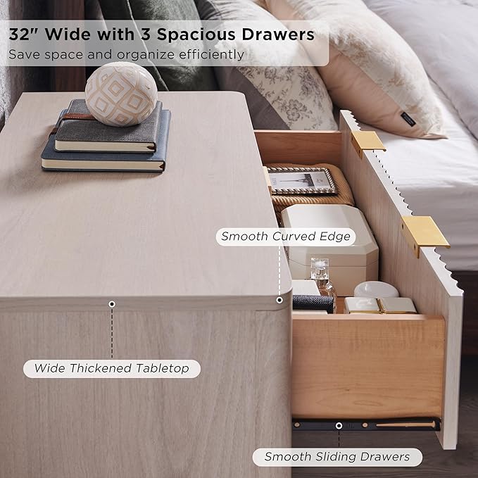 T4TREAM Fluted 3 Drawers Nightstand, Oversized Extra Large Modern Side Table - Image 5