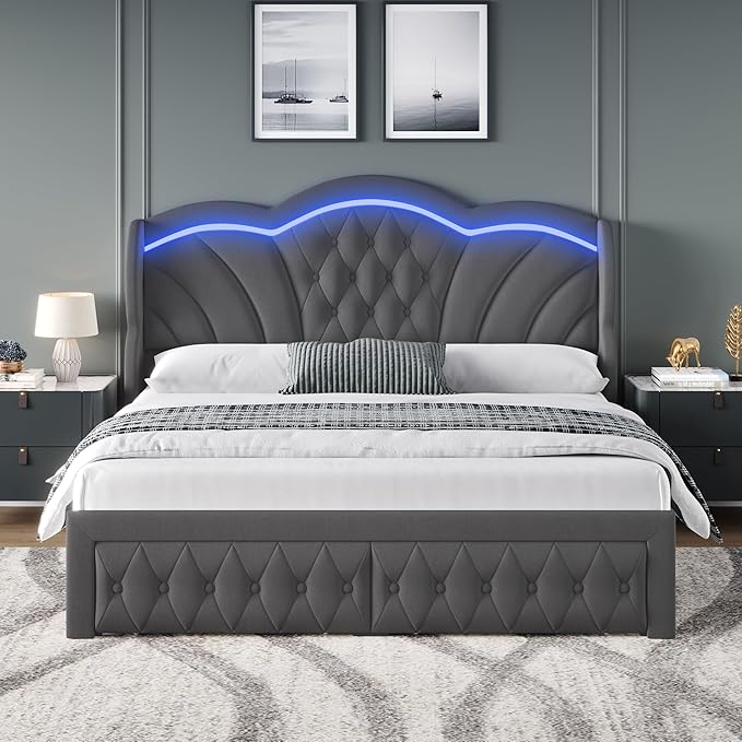 Keyluv Full Bed Frame with LED Lights and 2 Storage Drawers, Velvet Upholstered - Image 3