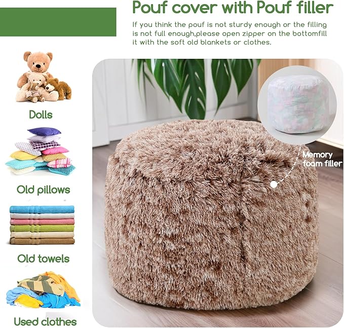 HIGOGOGO Round Stuffed Pouf Ottoman, Long Faux Fur Poufs - Image 3
