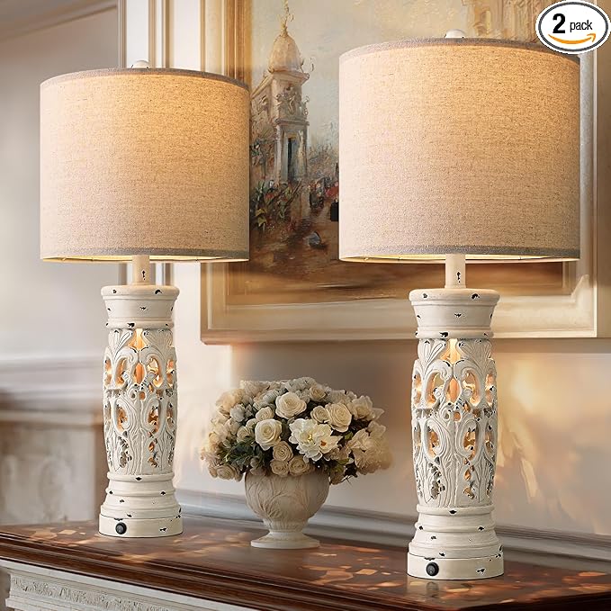 BOBOMOMO 27.25” Farmhouse Table Lamps Set of 2 – Antique White Bedside Lamps by BOBOMOMO