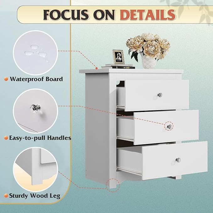 WLIVE White Nightstand with Charging Station, Wood Night Stand with 3 Drawers - Image 6