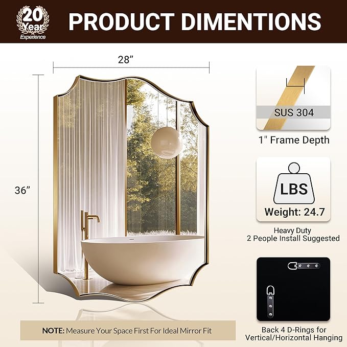 ANDY STAR Bathroom Mirror, 28x36 Inch Brushed Gold Vanity Mirror, Stainless - Image 2