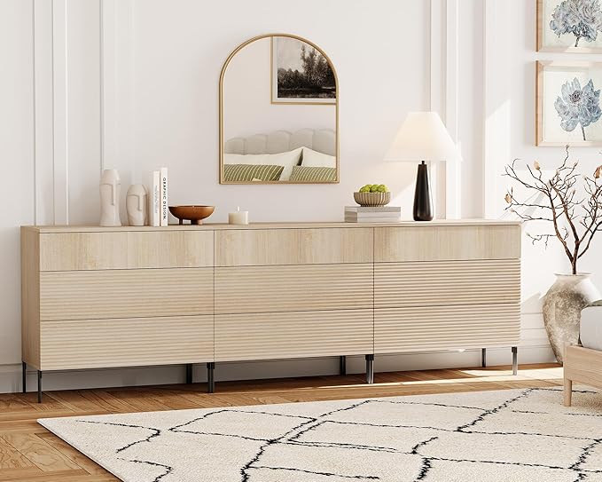 WAMPAT 94.5" W Fluted Dresser for Bedroom, Modern 9 Drawer Dresser TV Stand - Image 4