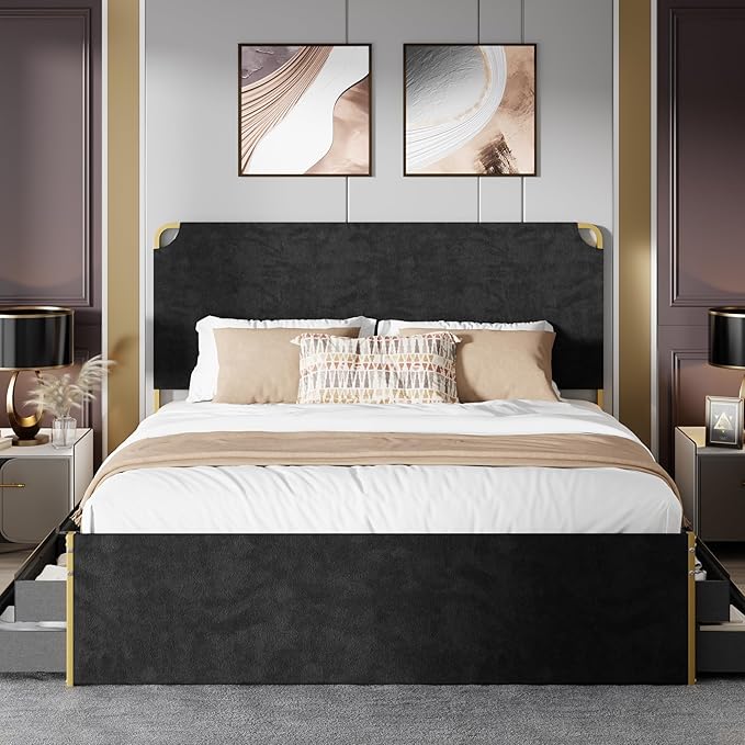 King Size Bed Frame with 12 Storage Drawers and Headboard, Metal Platform - Image 3