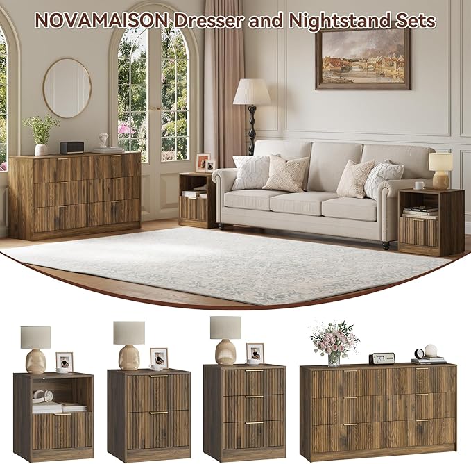 6 Drawer Dresser & Nightstand Set 3-Piece, 55” Wide Bedroom Set Night Stand Set - Image 4