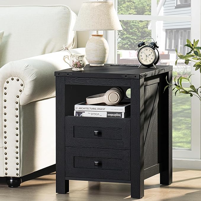 Joaxswe Nightstand with Charging Station, Farmhouse Night Stand with 2 Drawers - Image 3