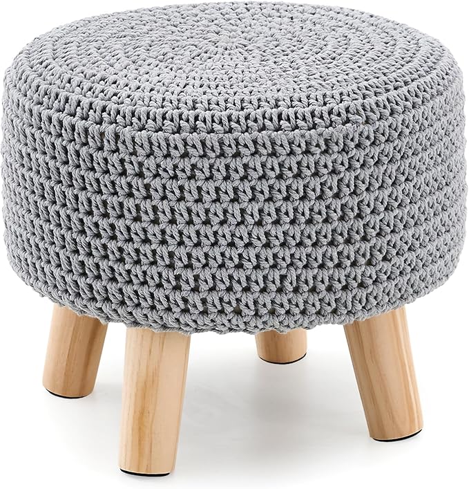 LGENHOOM Boho Ottoman Foot Stool Cotton Knitted Round Pouf Ottoman Foot Rest by LGENHOOMHandwovenNaturalWaterHyacinthBasket