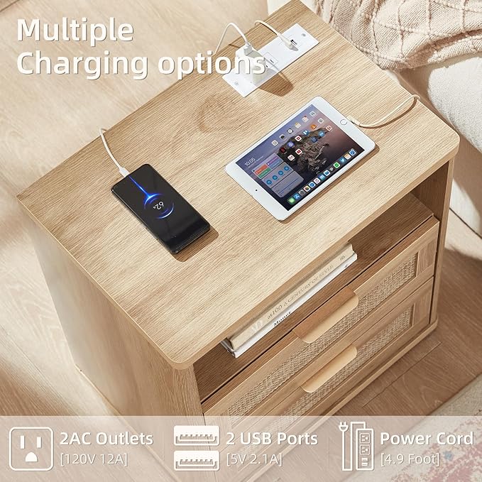 LEYAOYAO Rattan Dresser and Nightstand Set of 3, Boho Wood Dresser - Image 8