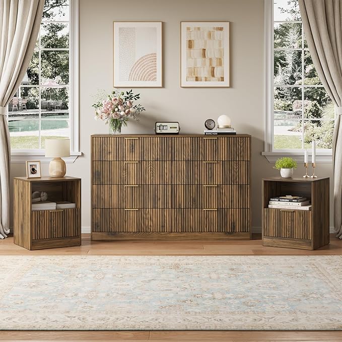 8 Drawer Dresser & Nightstand Set 3-Piece, 55” Wide Bedroom Dresser Set Night by NOVAMAISON