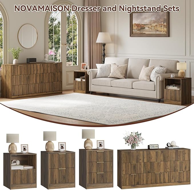 9 Drawer Dresser & Nightstand Set 3-Piece, 63” Wide Bedroom Dresser Set Night - Image 4
