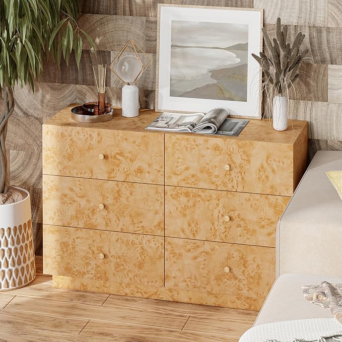 Modern 6 Drawer Dresser with Burl Finish, Wide Wood Chest of Drawers Clothes - Image 6