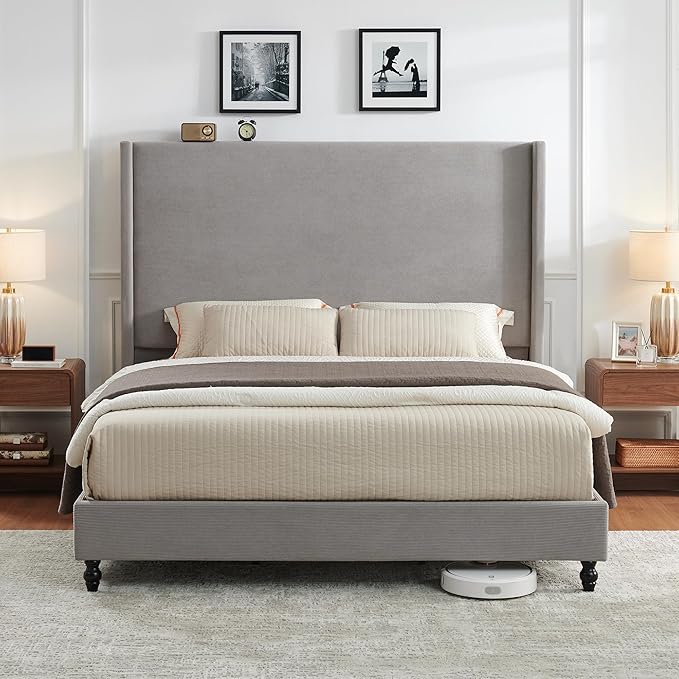 King Bed Frame with 65" Tall Headboard, Horizontal Fine Corduroy Bed Frame with - Image 8