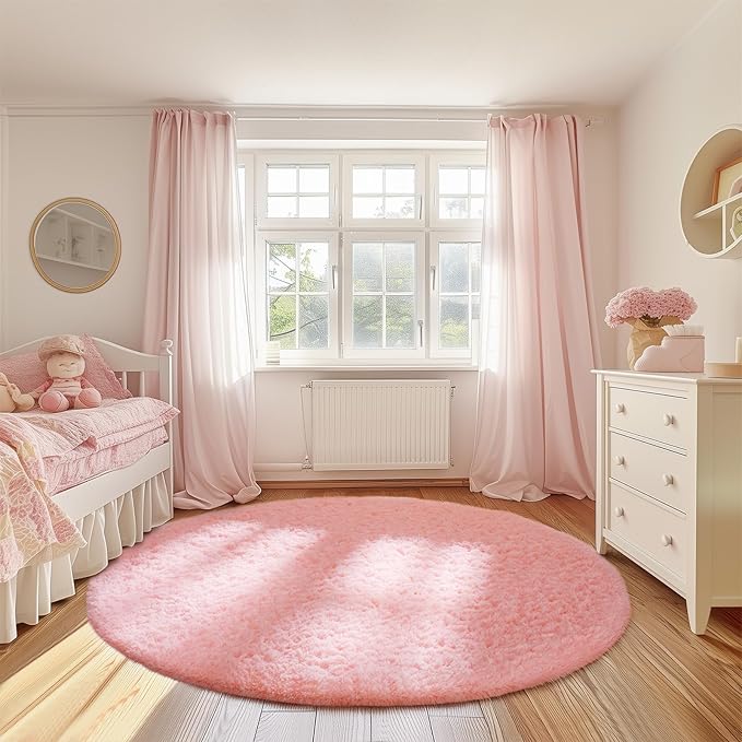Ophanie Round Rugs 7Ft Pink Circle Area Rug, Fluffy Fuzzy Bedroom Carpet - Image 3