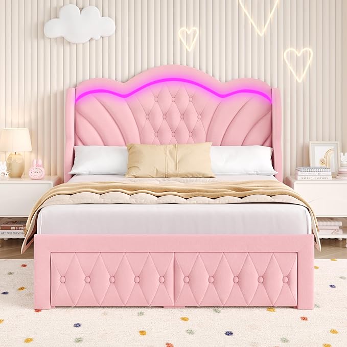 Keyluv Queen Bed Frame with LED Lights and 2 Storage Drawers, Velvet - Image 3
