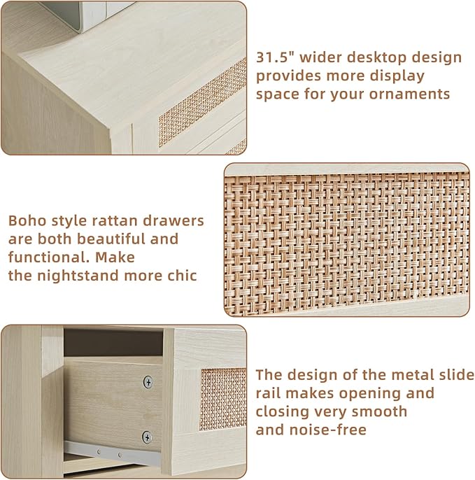 LEYAOYAO 31.5" Wide Rattan Nightstand, Large Boho 3 Drawer Night Stand - Image 7