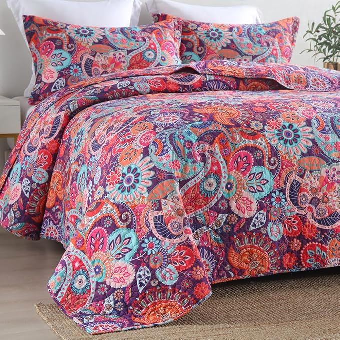 Cotton Bedspread Quilt Sets Reversible Bedding Coverlet Sets Comforter Paisley - Image 2