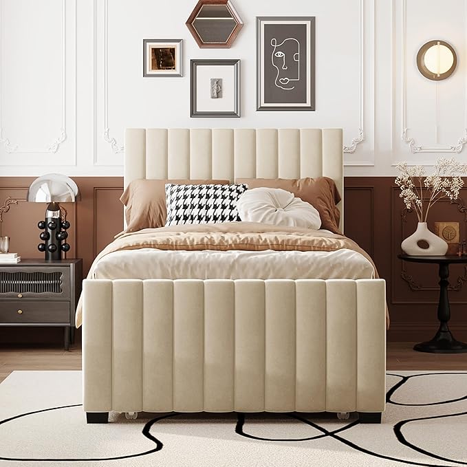 Twin Size Bed Frame with Trundle Bed, Velvet Upholstered Bed Frame, Twin Size - Image 3