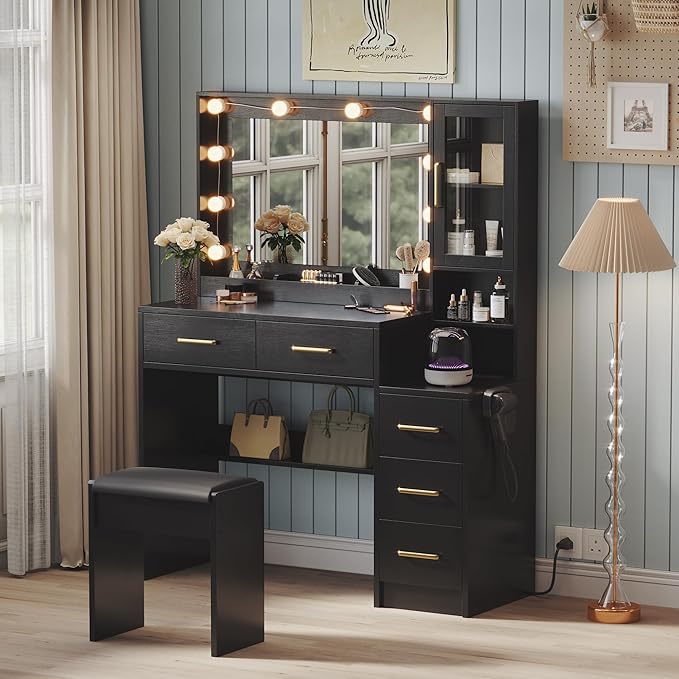 Makeup Vanity with Lights & Charging Station, Bedroom Makeup Dressing Table Set by TOKSOM