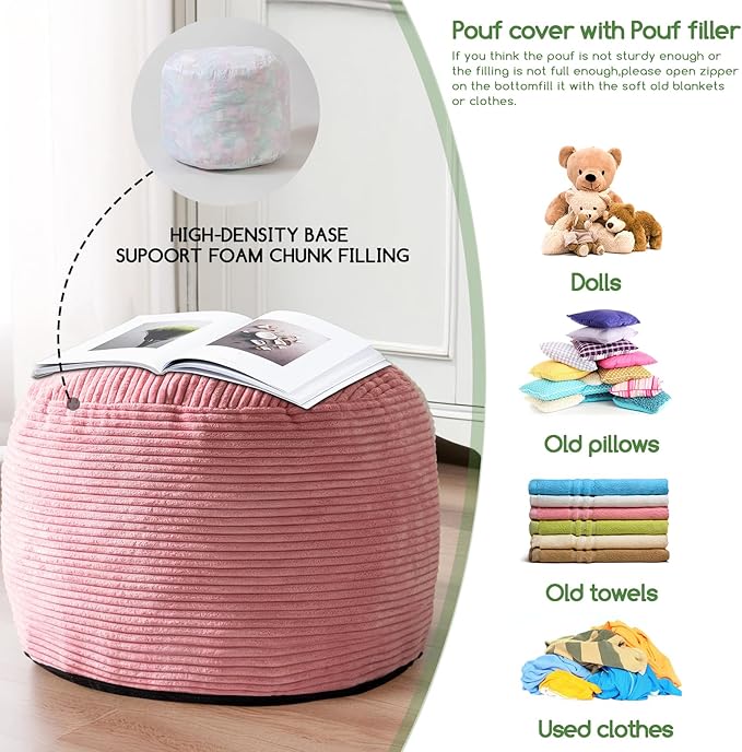 HIGOGOGO Round Stuffed Pouf Ottoman, Corduroy Poufs - Image 5