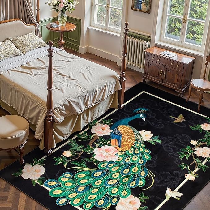 Lahome Peacock Washable Rugs 5x7, Soft Black Rug - Image 2