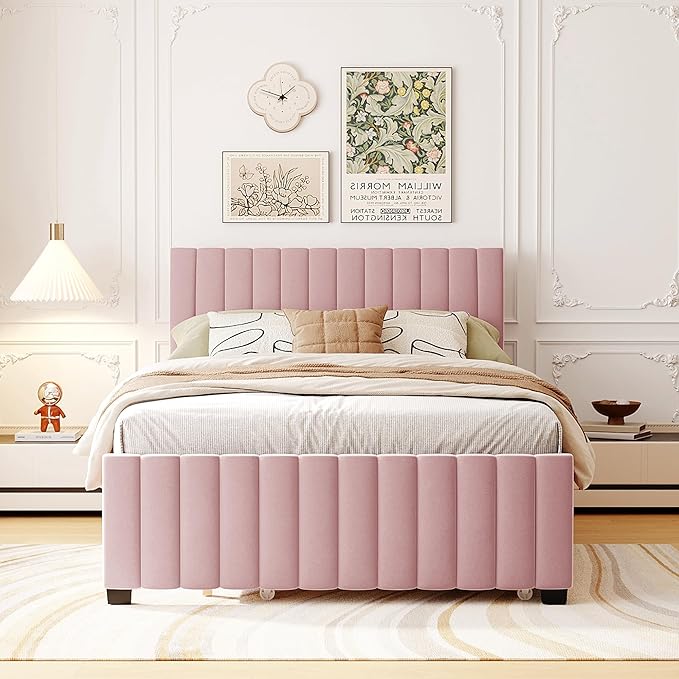 Full Bed Frame with Trundle Bed, Velvet Upholstered Platform Bed Frame - Image 3
