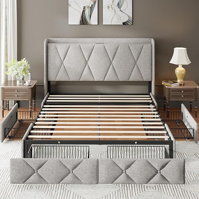 Feonase Queen Bed Frame with 4 Storage Drawers, Upholstered Button Tufted - Image 8