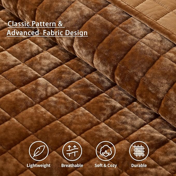 LEAONME Velvet Quilt King Size-98''x106'', Lightweight Caramel Velvet Comforter - Image 5