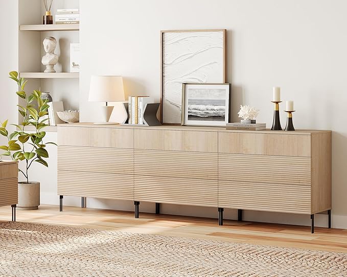 WAMPAT 94.5" W Fluted Dresser for Bedroom, Modern 9 Drawer Dresser TV Stand - Image 3