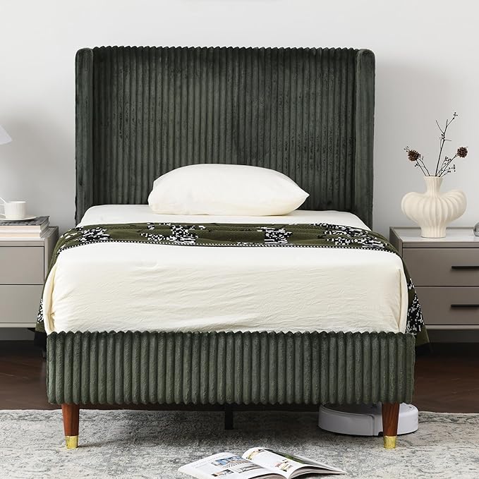 PINJU Twin Size Bed Frame, Upholstered Platform Bed - Image 3
