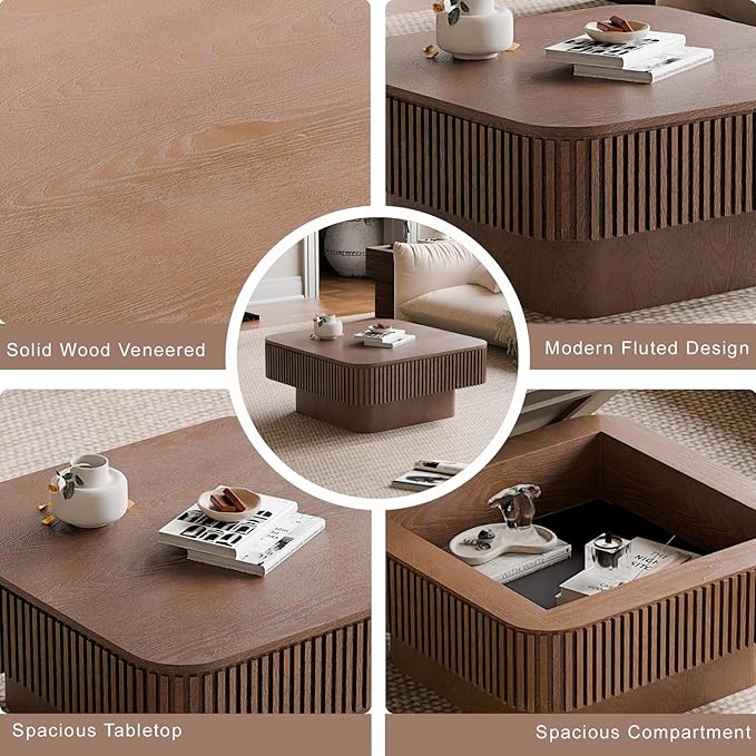 Square Small Coffee Table with Storage, Modern Wooden Coffee Table with Solid - Image 4