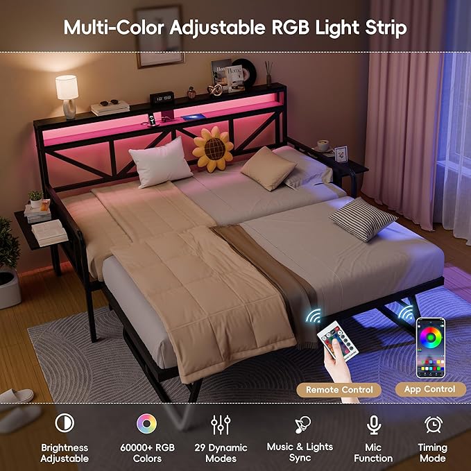Daybed with Trundle, Heavy Duty Metal Twin Bed Frame with LED Lights & 2-Tier - Image 9