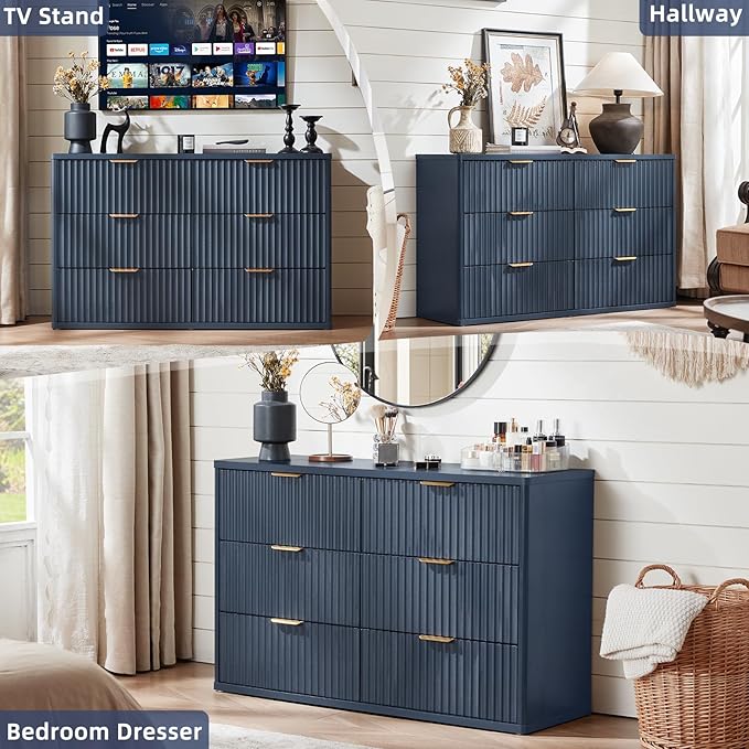 LEYAOYAO Fluted 6 Drawers Dresser Set of 2, Curved Profile Design, Dresser TV - Image 4