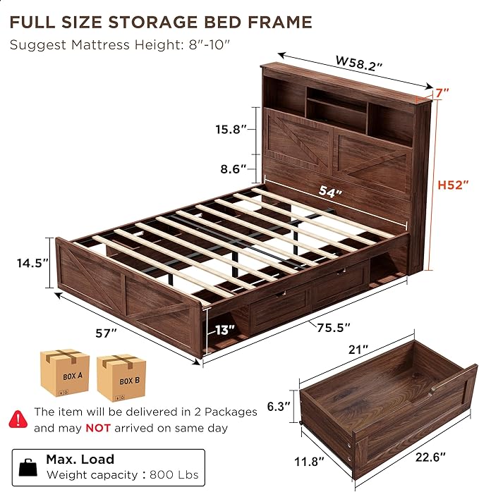ACCOHOHO Full Bed Frame with 52" Tall Headboard and 4 Drawers, LED Light - Image 2