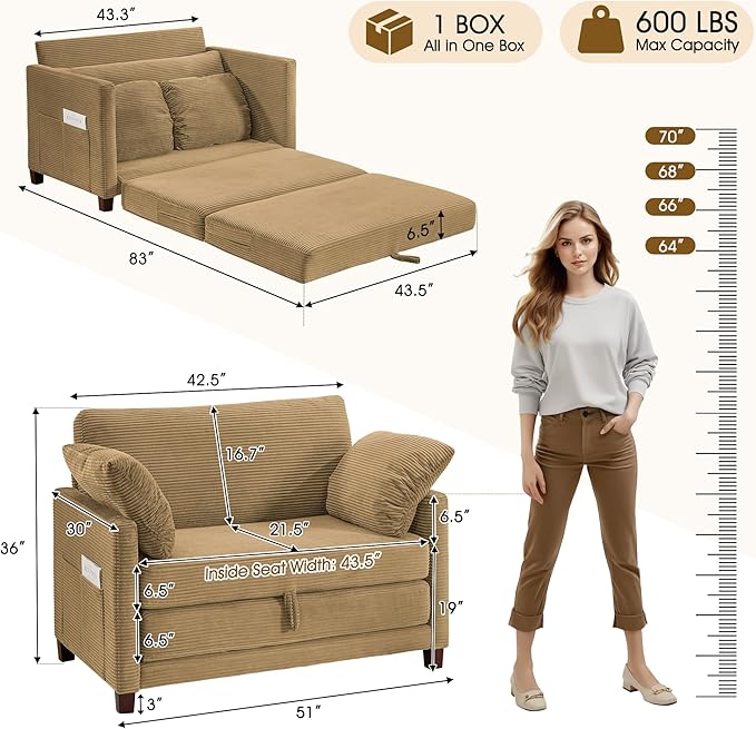 51" Loveseat Sleeper Sofa Bed, Corduroy Convertible Floor Sofa Bed - Image 2