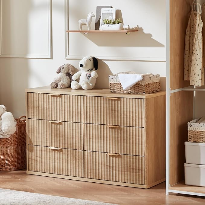 LEYAOYAO Fluted 6 Drawers Dresser Set of 2, Natural Curved Profile Dresser TV - Image 9