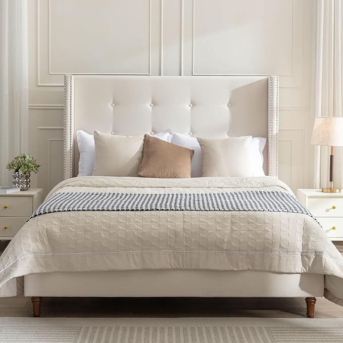 King Size Upholstered Bed Frame, Hand Buttoned Tufting Headboard Beds/No Box by Unknown