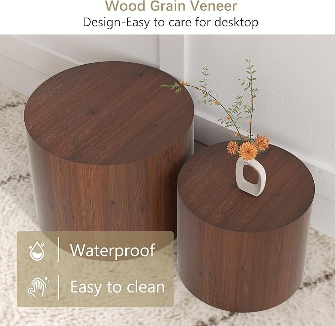 Nesting Coffee Table Set of 2, Round Walnut Wooden Coffee Tables Modern Circle - Image 4