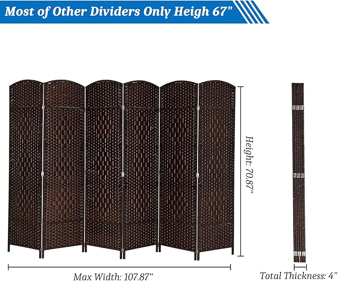 VINGLI 6-Panels Tall Rattan Room Divider, 6 FT Folding Privacy Screen, Indoor - Image 5