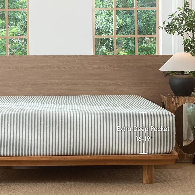 MooMee Striped Fitted Bottom Sheet Only 100% Washed Cotton Linen Like Textured - Image 5