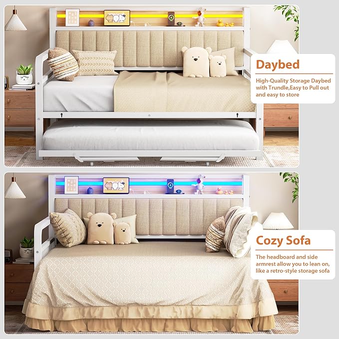 Daybed with Trundle and LED Light, Heavy Duty Metal Full Bed Frame with - Image 8