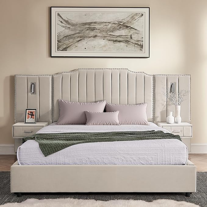 Luxury Queen Bed Frame with Headboard and Storage, Velvet Fabric Upholstered - Image 3