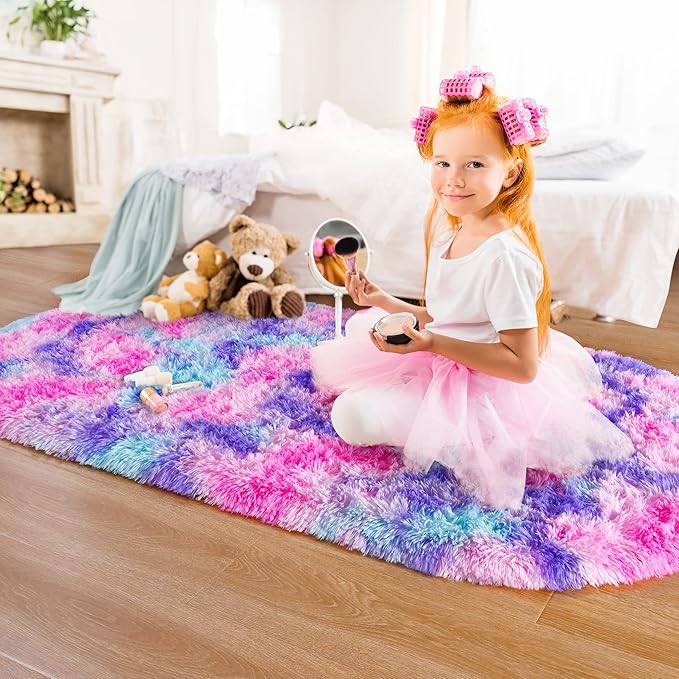 Noahas Oval Fluffy Hot Pink Rainbow Rug 2.6X5.3 Small Kids Rugs - Image 3