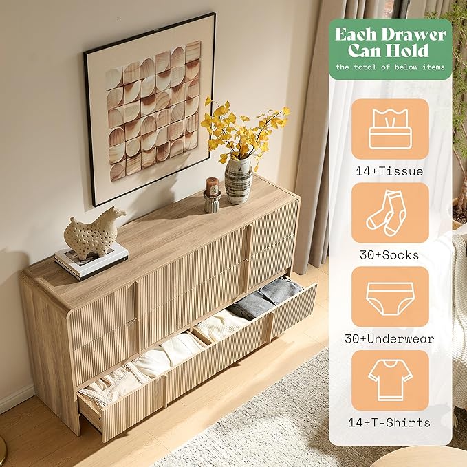 AMERLIFE 63" Fluted 6 Drawer Dresser, Long Modern Chest of Storage Drawers - Image 3