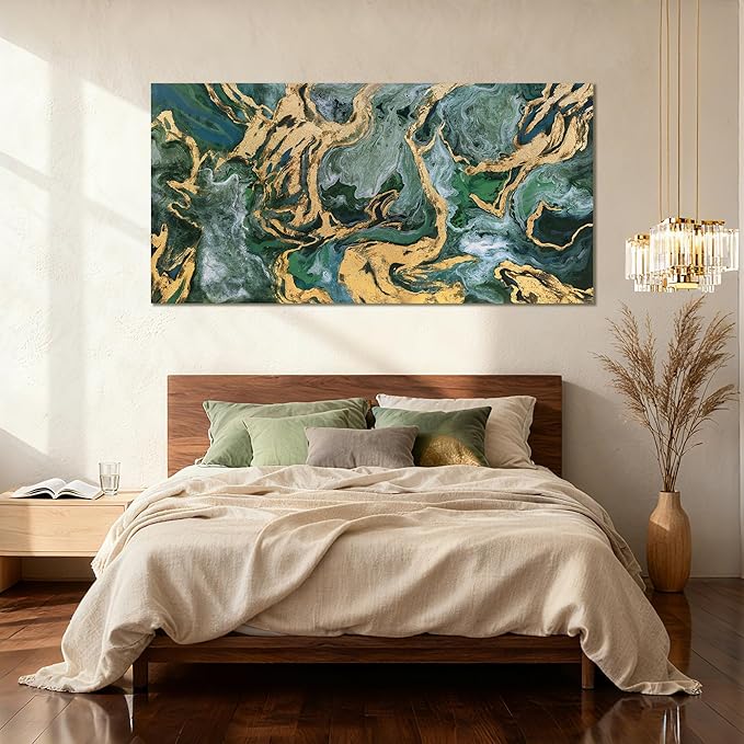 YETHEN WAL Green and Gold Abstract Canvas Wall Art 24×48 inch Horizontal - Image 3